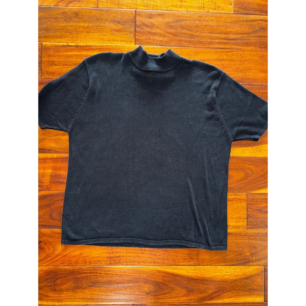 Herman Geist Silk Mock Neck Sweater Womens 1X Black Short Sleeve Ribbed